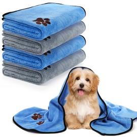 Fasmov 4 Pack Microfiber Dog Towels, 40"x 20" Large Pet Bath Towel, Microfiber Absorbent Towel Pet Bathing Supplies Quick Drying Paw Towel for Large, Medium or Small Dogs Cats Pets Shower (Grey, Blue)