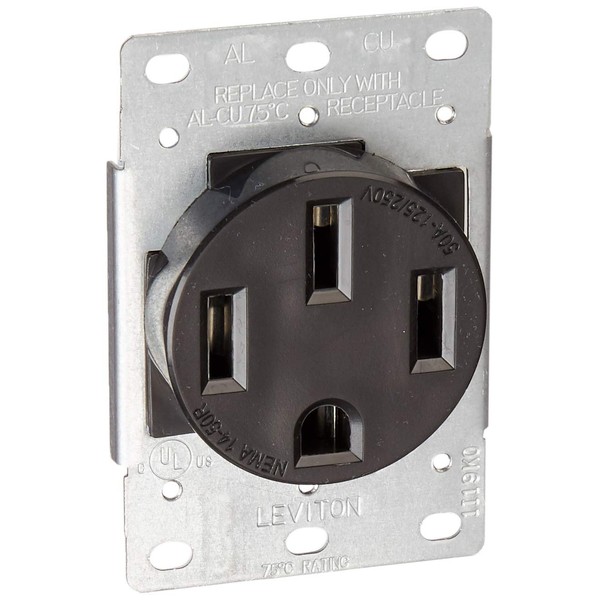Leviton 279-s00 50 Amp、125 / 250 V、NEMA 14 – 50r、3p 4 W、フラッシュマウントレセプタクル、ストレート刃アース、サイド有線、スチール、工業用グレード、ストラップ、ブラック