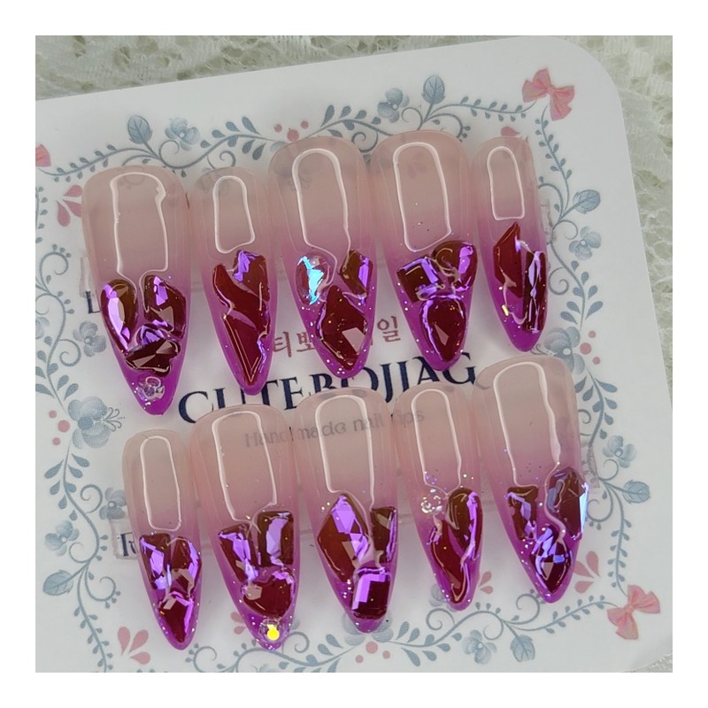 Glass bead purple gradient handmade nail tip - Oval M