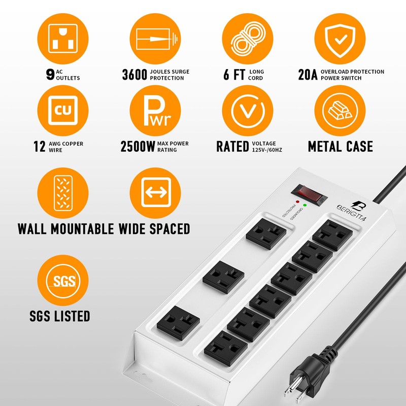 Magnetic Heavy Duty 20A Power Strip with Surge Protector, 9-Outlet