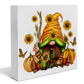 Autumn Wood Box Sign Art Desk Decor Fall Gnome Wood Block Sign Fall Pumpkins Sunflower Sign Decor 5 X 5 Inches for Farmhouse Home Tabletop Shelf Wall