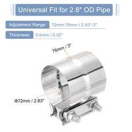 sourcing map 2.8 Inch Exhaust Clamp, 304 Stainless Steel Butt Joint Band Clamp Sleeve Coupler Pipe Repair Clamp Universal Widening Clamp for Exhaust Pipes Mufflers, Silver