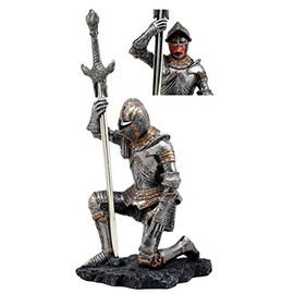 Ebros The Accolade Kneeling Medieval Knight King Arthur with Excalibur Sword Letter Opener Figurine 10" H Suit of Armor Swordsman Knights Decorative Accent Sculpture