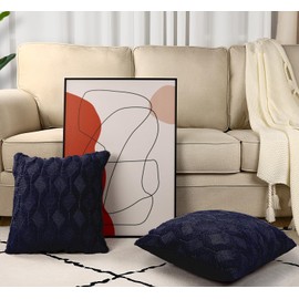 Henzxi Set of 2 Throw Pillow Covers 18x18 Inches Farmhouse Decorative Throw Pillow Covers Square Boho Cushion Case with Faux Velvet Soft Plush Short Wool, Dark Blue