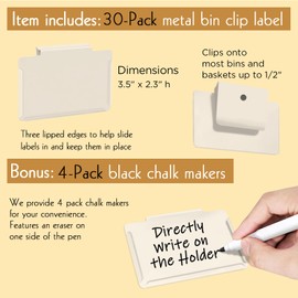 trohestar Metal Pantry Baskets Labels Clip On for Storage Bins with White Chalk Markers (30 Cream Holders + 4 Black Chalk Makers)