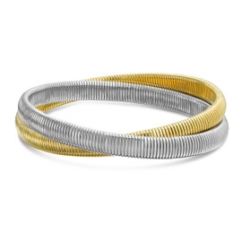 Two Tone 2 Strand Omega Snake Cobra Wide Bangle Twisted Bracelet Bands Set Interlocking Flexible Stretch Bracelets for Women Yellow Gold Silver Plated Stainless Steel Fits 8 to 8.5 inches Wrist