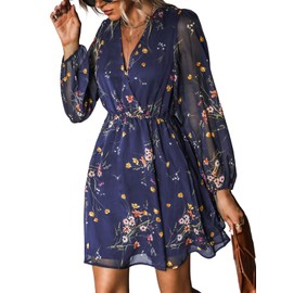 CUPSHE Women's Floral Print Sheer Chiffon A-Line Mini Dress Long Peasant Sleeves Elastic Autumn Dress,M