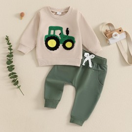 FYBITBO Infant Toddler Baby Boys Fall Clothes Long Sleeve Shirts Tops and Pants Farm Tractor Outfits Winter Clothing Sets (Fuzzy Tractor-Apricot, 3-6 Months)