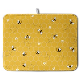 Wnoesat Bee Dish Drying Mat for Kitchen Counter Yellow Bumble Bees Honeycomb Dishes Pad Summer Absorbent Microfiber Dish Draining Mat Washable Dish Drainer Rack Mats Extra Large 18"x24"