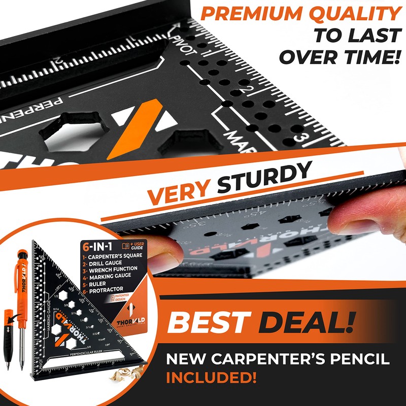THORVALD 6-in-1 Carpenter Square 7 inch (1/16" Precision) T Square