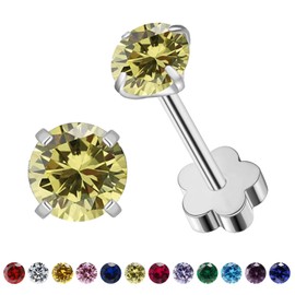 VDKIDKT Flower Screw Back Birthstone Stud Earrings for Women Girls, 3mm G23 Tiny CZ Flat Back Stud Earrings, Screw Back Helix Earrings (Silver, 8.Aug-Peridot)