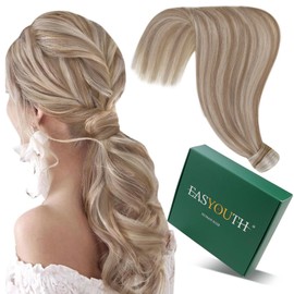 Easyouth Pony Tail Hair Extensions for Women Highlight Human Hair Ponytail Extension Highlight Light Brown with Blonde Ponytail Hair Extension Natural Look 14 Inch 70g