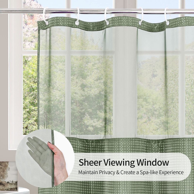 MitoVilla Green Waffle Shower Curtain Set with Snap-in Liner, Modern