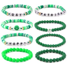 SHINUS BOHO St.Patrick's Day Green Beaded Bracelet for Women Men Stackable Lucky Leaf Vinyl Disc Clay Heishi Charm Bracelet Holidy Bracelet Bulk Stocking Friendship Gift