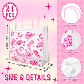 FYSUIMU 24Pcs Western Cowgirl Clear Gift Bags with Handles Preppy Pink Cowboy Boots Disco Goodie Treat Bag PVC Tote Bags for Bridal Shower Bachelorette Rodeo Party Supplies