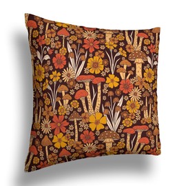 YAJUFANG Retro 1970s Brown & Orange Mushrooms & Flowers Velvet Throw Pillow Covers Sofa Pillowcase Car Square Throw Pillowcases Home Decoration 18x18Inch, Style 0, WXB6666