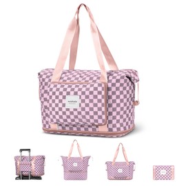 WOOMADA Foldable Travel Duffel Bag, Weekender Bags for Women, Tote Bag with Expandable Space, Carry on bags for airplanes with Wet Pocket & Trolley Sleeve, Gym Bag for Women (pink checkerboard)