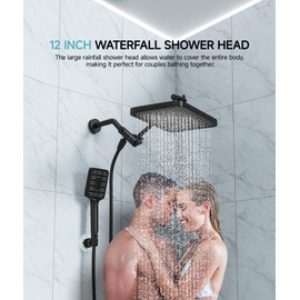 High Pressure Rain Shower Head with Handheld Spray Combo Set, Adjustable 12" Rainfall Dual Shower Head, Double&Tandem Shower Head, Waterfall Showerhead Bathroom -Matte Black