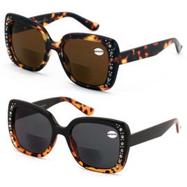 V.W.E. 2 Pairs Women Bifocal Sunglasses Rhinestones Outdoor UV Protection Reading Glasses Butterfly Elegance 106 (1 Tortoise 1 Demi, 2.25, x)