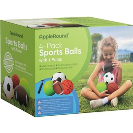 AppleRound 4-Pack Sports Balls for Toddlers & Kids with Pump – 5-Inch Soccer Ball, Basketball, Playground Ball & 6.5-Inch Football – Soft Small Balls for Indoor/Outdoor Play (Ages 2-7)