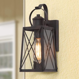 LALUZ Porch Light Outdoor 1-Light Wall Lantern, Max 60W, Farmhouse Wall Sconce Exterior Wall Mount Light in Rustic Bronze with Seeded Glass for Porch Foyer Patio