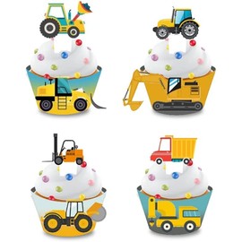 Construction Cupcake Toppers and Wrappers, Set of 48pcs Tractor Digger Truck Forklift Dump Bulldozer Road Roller Engineering Themed for Kids Boys Happy Birthday Baby Shower Party Supplies