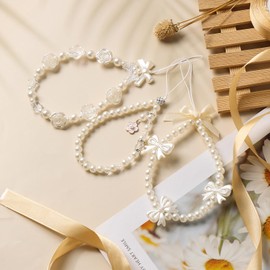Mabor 3Pcs Beaded Phone Bracelet Strap, Cute Butterfly Bow Phone Charm for Women Bow White Pearl Phone Strap Chain Wrist Lanyard Chain for Phone Keychain