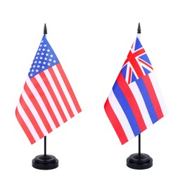 WXTWK 2 Pack USA Hawaiian Flag Hawaiian State Desk Flag Set - Mini Small Hawaii Table Office Flags with Black 12" Solid Pole Stand Base Classroom Meeting Desktop Decorations