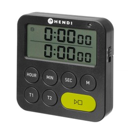 HENDI Double Digital Kitchen Timer, 2 Independent Times, 3 Alarm Settings, Stopwatch, Fold-Out Stand, Hanging Hole, Magnetic, LED Lighting, Digital Timer, 82 x 20 x (H) 86 mm, ABS