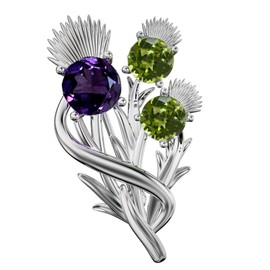 CAIRN Large Sterling Silver Scottish Thistle Brooch With Amethyst & Peridots - Croy. Jewellery Gift Box Included. 5622