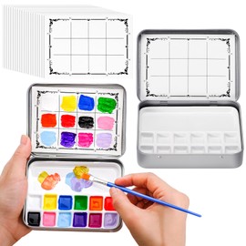 2 Set Ceramic Travel Watercolor Palette with Metal Box Watercolor Paper Portable Ceramic Paint Palette with 12 Well Porcelain Trays Easy to Clean Porcelain Mixing Tray for Gouache Painting