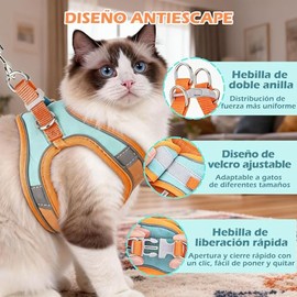 Arnes gato antiescape, Pechera para gato, Equipado con una cuerda de tracción automática de 5 m, Con tiras reflectantes, Para gatos pequeños, medianos