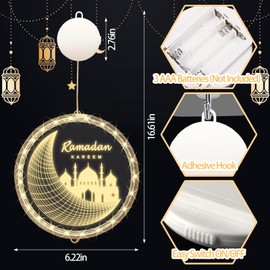 ALIBBON 3D Ramadan Kareem Lights Moon Castle LED Lights Eid Mubarak Window Lights Islamic Muslim Style Hanging Lights with Suction Cup Battery Operated Eid Lights Ramadan Decorations for Home
