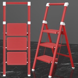 3 Step Ladder, DIAMONDFORGE Folding Step Stool with Wide Anti-Slip Pedal, Anti-Slip Feet and Handgrip, Sturdiest Steel Construction, 600lbs Capacity Steel Ladder for Home, Red White