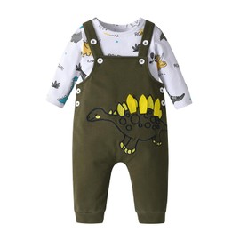 Tearfuty Baby Boy Clothes Dinosaur Print Long Sleeve Tops Suspenders Pants 2pcs Clothing Sets