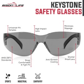 BISON LIFE Keystone Series Safety Glasses | One Size, Color Protective Polycarbonate Lens - Black Temple, 2 Pairs Each of Blue, Black, Yellow, Green, Pink, and Grey (12 pairs in 1 box)