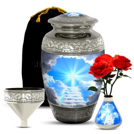Stairway to Heaven Cremation Urn for Human Ashes (4-Piece Set) with Handcrafted Funnel and Vase (Large Size, Christian Catholic Cross Adult Male/Female)