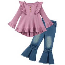 Auiopila Kids Toddler Girl Clothes Solid Color Ruffle Sleeve Top and Flare Jeans Pants 2Pcs Fall Winter Girl Outfits