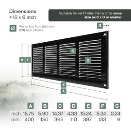 Vent Systems 16" x 6" Inch Black Metal Vent Cover – 3 Pack - Louvered Air Return Grille with Built-in Mesh Screen – Heavy-Duty Wall & Ceiling Ventilation Cover for Home, Garage – Indoor & Outdoor