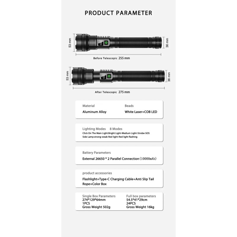 Aeternam Rechargeable Tac Flashlight, 1000+ LMS, Zoomable, LED, USB, IP65,