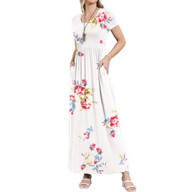 EUOVMY Women's Maxi Dresses Summer Flower Short Sleeve Floor Length Loose Floral Casual Vacation Crewneck A-line Casual Party Vintage Beach Long Dresses with Pockets Red Rose White Small
