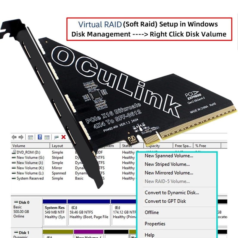 chenyang 4 Port Oculink to PCIe 4.0 X16 Adapter,SFF-8611/8612 to
