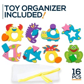 Foam Bath Toys - 100% Non-Toxic Floating Puzzles Animals - Early Learning Bathtub Toy - Fun Educational Geometric Shapes for Toddlers Kids Boys Girls - Free Bath Toy Organizer & Fishing Rod