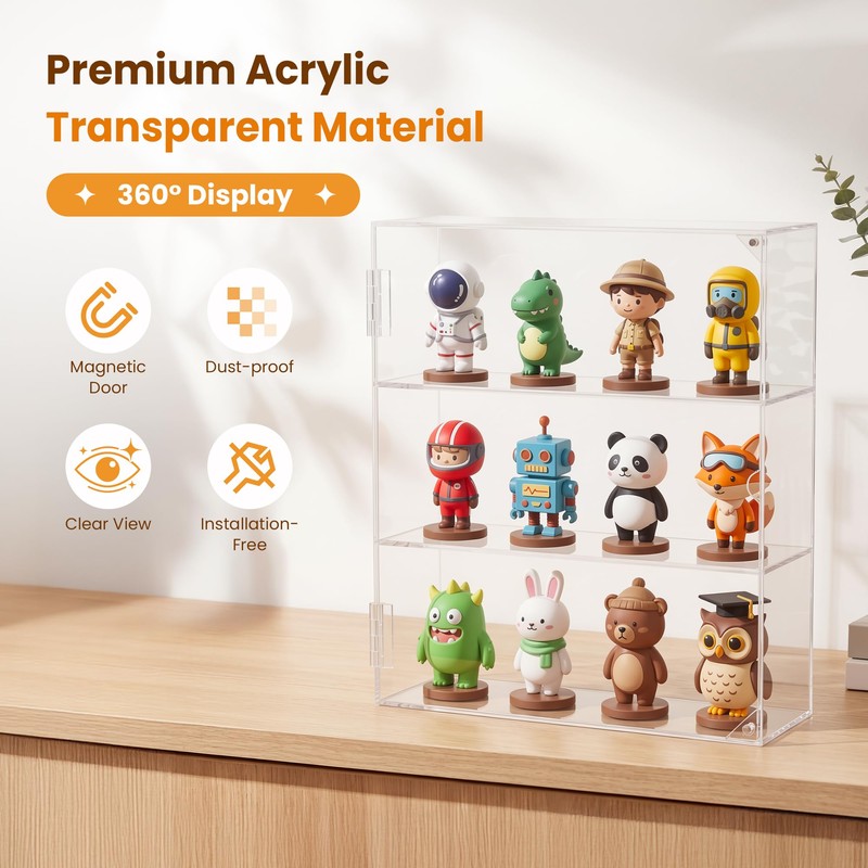TimberAura Acrylic Display Case, 3 Tier Clear Dustproof Cabinet Box