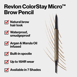 Revlon Colorstay Lápiz de cejas micro con cepillo de carrete integrado, impregnado con aceite de argán y marula, impermeable, a prueba de manchas, marrón oscuro 456