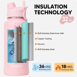 Swigina [2-IN-1 LID] Insulated Water Bottle with Silicone Boot (36hrs Cold/18hrs Hot) - DIY Stickers, Leakproof, BPA Free, 32 oz