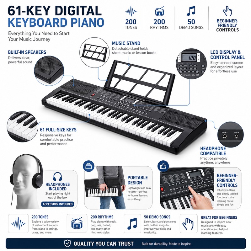 61-Key Digital Keyboard Piano for Beginners – Portable Electric Piano