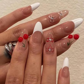 SINSEN Medium Press on Nails Almond - White French Tip Press on Nails, Valentine’s Day Fake Nails with Cherry Bow-knot Designs, Reusable Stick on Nails in 12 Sizes, 24 Pcs Medium Almond False Nails