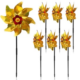 Bagentry 7 Pack Bird Scare Devices Outdoor Pinwheels with Stakes, Laser Gold Reflective Windmills for Garden, Sparkly Bird Scare Wind Mills Spinners Sculptures for Backyard Patio (Laser Gold)