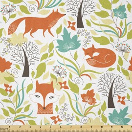 Ambesonne - Tela de dibujos animados de The Yard, lobo de zorro salvaje con hojas, flores y árboles sin hojas, tela de punto elástica para costura y manualidades artísticas, 2 yardas, naranja, verde y
